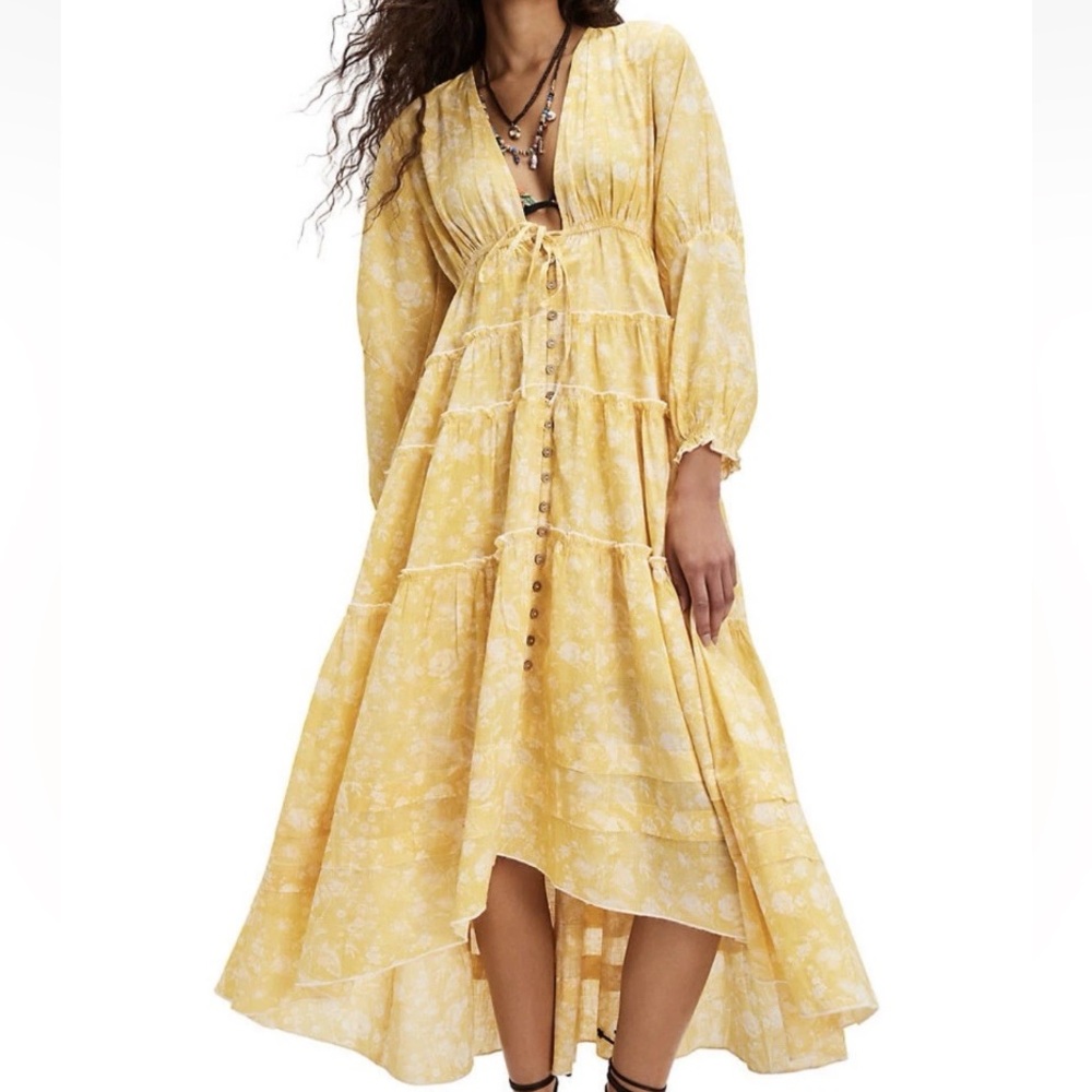 Free People Yellow Floral Midi Dress